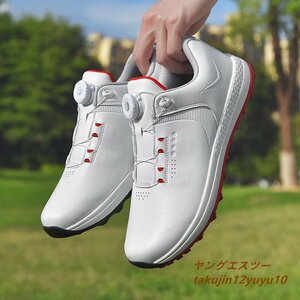 高級品 ゴルフシューズ ダイヤル式 運動靴 新品 メンズ 幅広い フィット感 軽量 スポーツシューズ 防水 防滑 耐磨 弾力性 白/赤 25.5cm