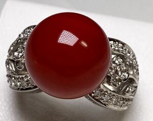 * красивый *13.0mm натуральный красный .. крупный коралл бриллиант D0.42ct/Pt900 высококлассный кольцо Coral Ring*