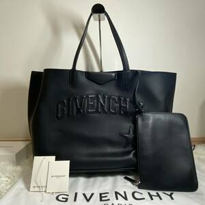 1円 至高の逸品 美品 GIVENCHYジバンシー ブラックレザー トートバッグ シルバー金具 鞄 メンズ 仕事 A4可ポーチ付き