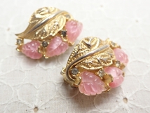 K517　ヴィンテージ　イヤリング　ボタニカルデザイン　ゴールド×ピンク　ラインストーン　Vintage　earring_画像6