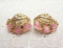 K517　ヴィンテージ　イヤリング　ボタニカルデザイン　ゴールド×ピンク　ラインストーン　Vintage　earring_画像3