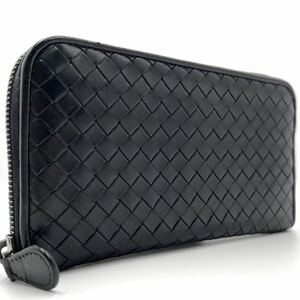 1円【極美品】 ボッテガヴェネタ BOTTEGA VENETA 長財布 ラウンドファスナー ジップ イントレチャート 黒 ブラック レザー メンズ