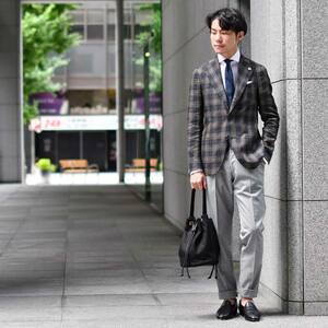 新品タグ付 イタリア製 LARDINI 春夏 リネンウール混 ダークネイビー系 チェック 2B アンコンジャケット 50(L～XL相当) ブートニエール付