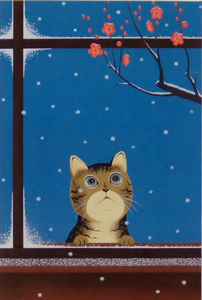 Art hand Auction Cute cat painter Katsutoshi Taki's framed mini art of cats Haru-san, I came... Brown tabby cat Discontinued product, Limited stock., Artwork, Painting, others