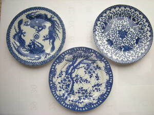 . plate ornament plate Seto . Seto blue and white ceramics Old Nippon dragon * phoenix * plum ( each 1 sheets ) reverse side seal ( Japan 1 sheets * less 2 sheets )
