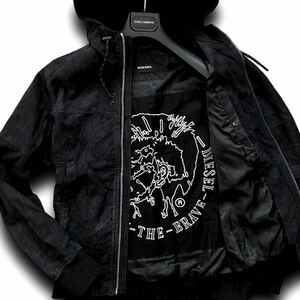 美品◎DIESEL ゴートレザー 山羊革 パーカー フルジップ ブルゾン ジャケット ロゴ金具 裏地ブレイブマンロゴ ディーゼル メンズ 黒 M相当