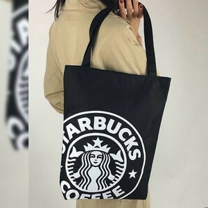 スタバ トートバッグ 　大容量 ハンドバック　黒キャンバス　軽量　ファスナー式　ブラック　海外　斜めがけ