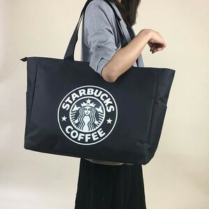 スタバ トートバッグ 　エコバック　超ビッグ 買い物袋　ブラック　新品 キャンバス　大人気　開口部ファスナー式