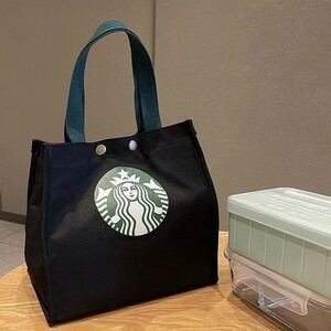 新品　スタバ トートバッグ ランチバッグ　ハンド バック　ブラック　キャンバス　男女兼用 大容量　黒トートバッグ　 かばん