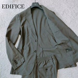 極美品 EDIFICE エディフィス セットアップ スーツ ツーピース テーラードジャケット パンツ スラックス ゴムウエスト ロゴボタン グレー L