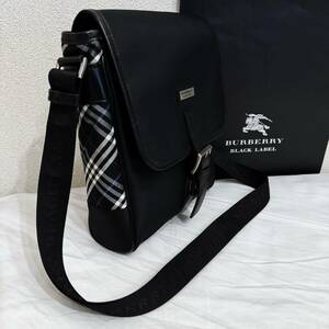 美品 名作 BURBERRY BLACK LABEL バーバリーブラックレーベル ナイロン＆本革 ミニショルダーバッグ サイドノバチェック 黒白青 #2675