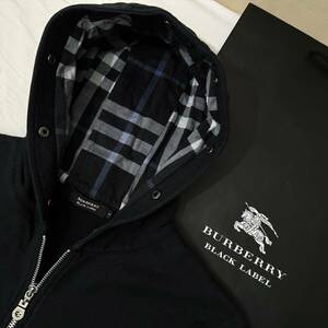 2680 美品 レア BURBERRY BLACK LABEL バーバリーブラックレーベル スゥエットパーカー ノバチェック ホース刺繍 黒 3(L) #2680