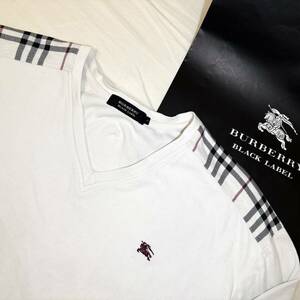 美品 名作 BURBERRY BLACK LABEL バーバリーブラックレーベル 長袖VネックTシャツ ロンT 肩ノバチェック ホース刺繍 白 3(L) #2701