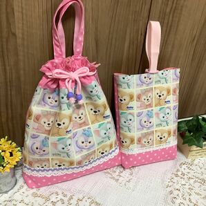 体操服袋＆上履き袋２点セット★フェイス柄　ピンク系　 お着替え袋　上履き入れ　入学　入園