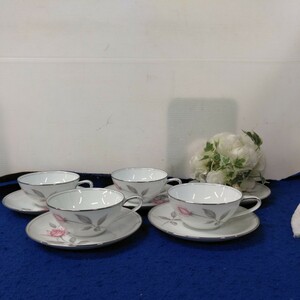 g_t T439 昭和レトロ　ノリタケ　Noritake　カップ　＆　ソーサー　4客　6044 ROSEMARIE ローズマリー　+　予備ソーサー　1枚　洋食器