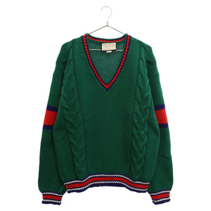 GUCCI Gucci 20SS WOOL V NECK KNIT SWEATER wool V neck cable knitted sweater green 599310 XKA32