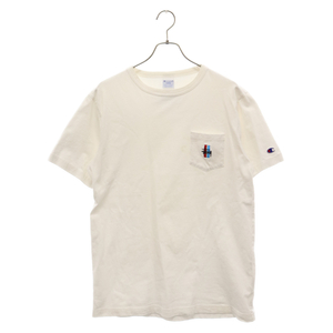 STUSSY ステューシー×Champion チャンピオン 胸ポケット付ロゴ刺繍半袖Tシャツ ホワイト