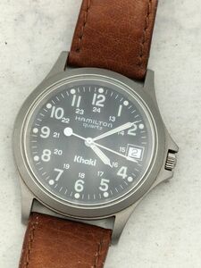 B50 1円～ 稼働品 HAMILTON Khaki ハミルトン カーキ 9445B クオーツ 腕時計 3針 デイト ブラックカラー文字盤 社外革ベルト メンズ