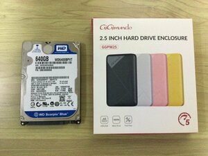 ★（中古品）WD WD6400BPVT 640GB 9.5mm HDD 2.5インチ/SATA/5400rpm データ消去 & ★（新品）GiGimundo HDDケース 黄色 USB 3.0接続