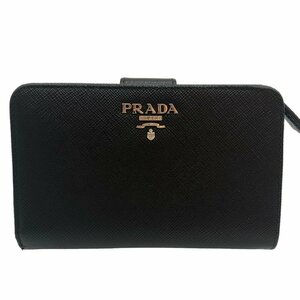 1円 PRADA プラダ 財布 サフィアーノレザー L字ファスナー 黒×ピンク系 二つ折り財布