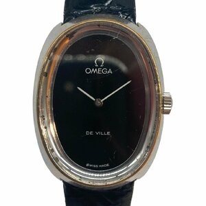 OMEGA オメガ デビル レディース腕時計 クォーツ 黒文字盤 シルバーカラー SS×革ベルト 社外製ベルト