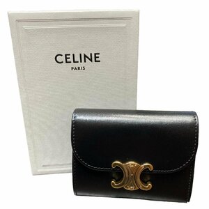 CELINE セリーヌ トリオンフ シャイニーカーフスキン スモールウォレット 折財布 ブラック×ゴールド 未使用