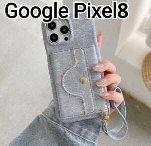 GooglePixel8 ケース　ライトブルー　デニム風　カードケース　ミラー