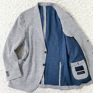 未使用級 LARDINI EASY WEAR 柔らか伸縮「ニットのようなリネン素材」ハウンドトゥース 段返り 3釦 グレー ラルディーニ 希少52 XXL相当