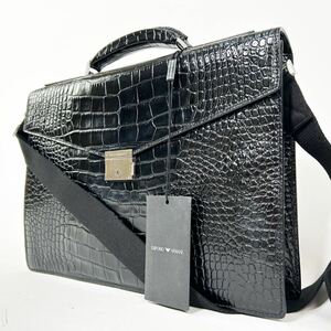 黒タグ ARMANI 2way レザー ダレス ショルダー ビジネスバッグ 本革 クロコ型押し シャイニー ブラック エンポリオアルマーニ A4可 大容量