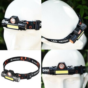 2個セット LEDヘッドライト USB充電式 90°回転 キャンプ夜釣り登山 黒の画像7