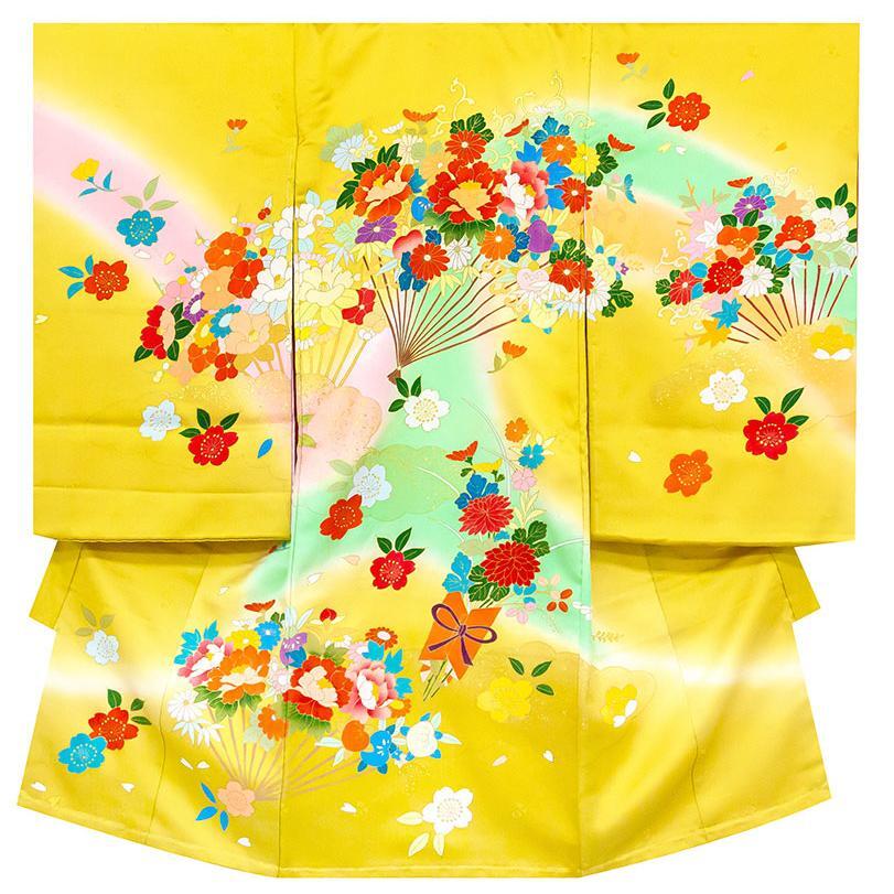 *Después de la renovación de la tienda [Feria de trabajo nueva clásica] ☆ Teñido artístico pintado a mano artesanal Kyoto Yuzen de seda pura ☆ Abanico de flores patrón de celebración clásico teñido borroso multicolor ☆ Ropa de celebración (10010890), Ropa infantil (para niñas), ropa japonesa, Otros kimonos