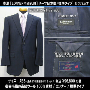 7317春夏【MIYUKI×LONNER】日本製スーツAB5(T170W86)ネイビー系シャドーストライプ/ミユキウール/1タック/96800円/ロンナーアウトレット