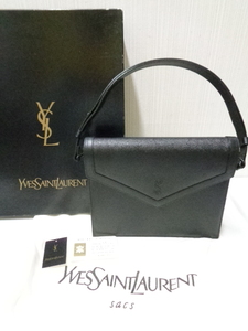【美品】 Yves Saint Laurent イヴ・サンローラン YSL ハンドバッグ 牛革 ブラック ゴールドマーク付き ヴィンテージ 保存袋、箱入り