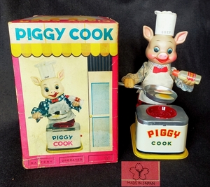 電動　米澤製　PIGGY COOK　ブタのコックさん　ブリキ　作動品　動画あり