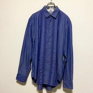 アメリカ古着　長袖　シャツ　刺繍　ブルー　Lサイズ　コットン　ヴィンテージ　デザインシャツ 【U11】