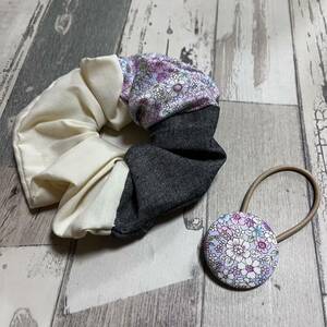 handmade シュシュ＆くるみボタンのヘアゴム ハンドメイドヘアアクセサリー 花柄 パッチワーク ヘアゴムせ