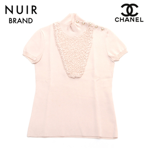 [ first arrival 50 name limitation coupon . distribution middle!!] Chanel CHANEL short sleeves shirt rib knitted pleat pearl Size:38 2000s pink 