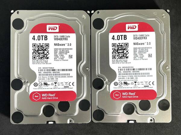 【送料無料】　2個セット　★ 4TB ★　WD40EFRX　/　WD Red　【使用時間：98 ｈ＆ 93 ｈ】　2015年製　Western Digital RED　稼働極少