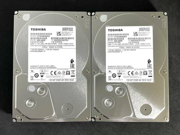 【送料無料】 　2個セット　★ 6TB ★　TOSHIBA　/　DT02ABA600V　【使用時間：171 ｈ＆171 ｈ】2022年製　稼働少 3.5インチ内蔵HDD SATA