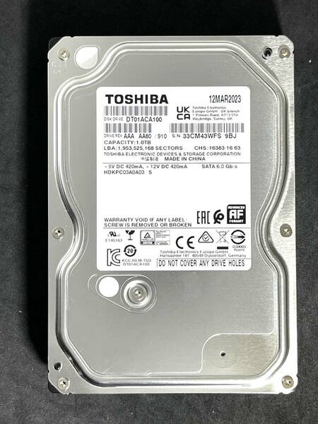 【送料無料】 ★ 1TB ★　TOSHIBA　/　DT01ACA100　【使用時間： 6 ｈ】　2023年製　新品同様　3.5インチ 内蔵HDD　SATA600/7200rpm