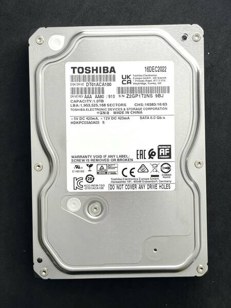 【送料無料】 ★ 1TB ★　TOSHIBA　/　DT01ACA100　【使用時間： 1826 ｈ】　2022年製　良品　3.5インチ 内蔵HDD　SATA600/7200rpm