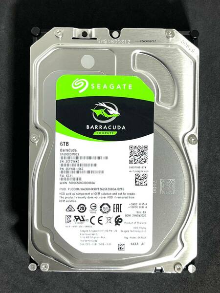 【送料無料】 ★ 6TB ★　ST6000DM003　/　Seagate BarraCuda 【 使用時間： 12 ｈ 】 2020年製　新品同様　3.5インチ 内蔵HDD　SATA600