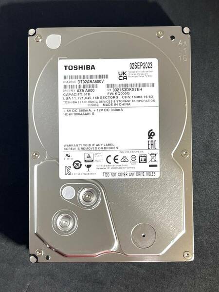 【送料無料】　★ 6TB ★　TOSHIBA / DT02ABA600V　【使用時間： 15 ｈ】　2023年製　新品同様　3.5インチ内蔵HDD　SATA　AVコマンド対応