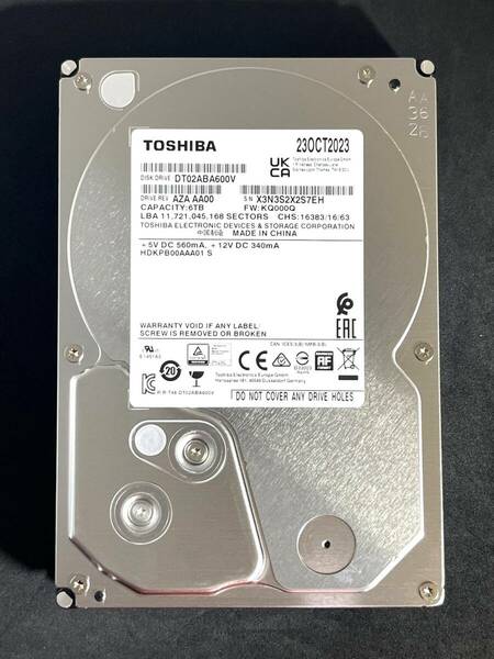 【送料無料】　★ 6TB ★　TOSHIBA / DT02ABA600V　【使用時間： 44 ｈ】　2023年製　稼働極少　3.5インチ内蔵HDD　SATA　AVコマンド対応