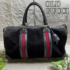 極希少 グッチ GUCCI ボストンバッグ スエード シェリーライン 黒 本革 レザー 旅行かばん オールドグッチ ヴィンテージ