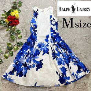ラルフローレン ロング ワンピース アメリカンスリーブ ドレス 花柄 フレア 白 ノースリーブ M 春夏 マキシ丈 ハイビスカス