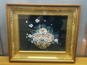 D308 宝石画　貴石画　ストーンアート　天然石　花　額入り　インテリア　置物　アンティーク　フラワーモチーフ　