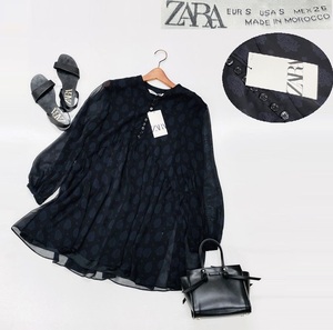 未使用品 /S/ ZARA ブラック シフォンワンピース レディース タグ カジュアル ドレス 透け感フェミニン大人可愛い黒ガーリー デイリー ザラ