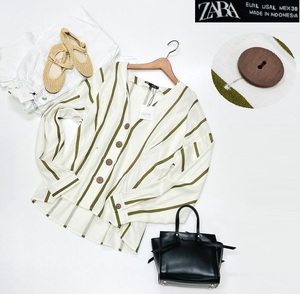 未使用品 /L/ ZARA ストライプ リネンブラウス レディース タグ オフィスカジュアルトップス通勤フェミニン大人可愛い羽織り デイリー ザラ