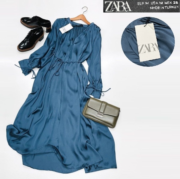 未使用品 /M/ ZARA ブルー系 ギャザー長袖ロングワンピース レディースタグカジュアルフォーマルフェミニン大人可愛いドレス デイリー ザラ